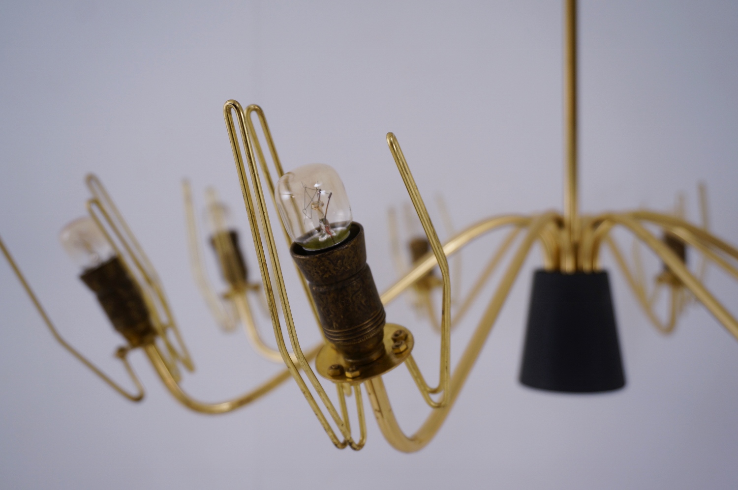 Stilnovo brass chandelier with opaline glass, 1950`s Italian